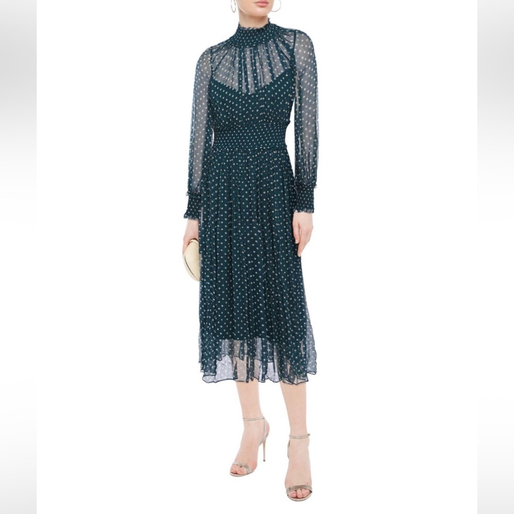 ZIMMERMANN MONCUR SHIRRED‎ POLKA-DOT CREPON MIDI DRESS IN TEAL SLIP DRESS Size 0